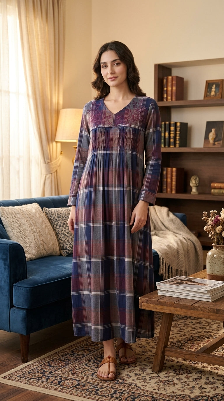 "Quiet elegance for your home: a fluid jalabiya featuring sophisticated embroidery and warm colors." 26-34-B-3
