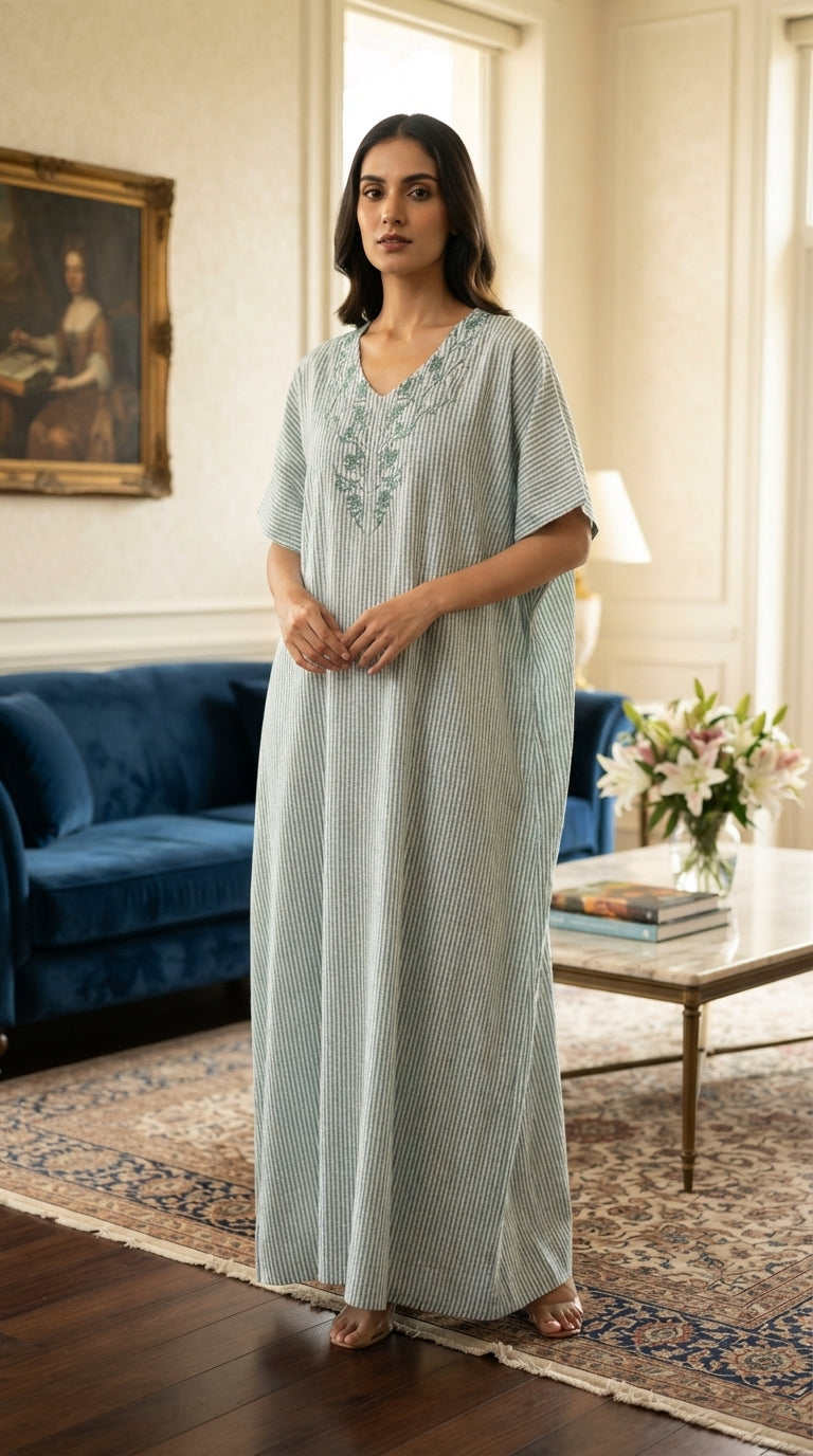 Women's long striped light green lounge set with a stylish design, featuring a short top zipper and embroidery on the chest. 26-20-A-2