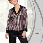 Women's striped luxury satin pajama set featuring a button-down shirt with a solid-colored collar and matching solid-colored trousers – Jasmin Lingerie, Model 587.