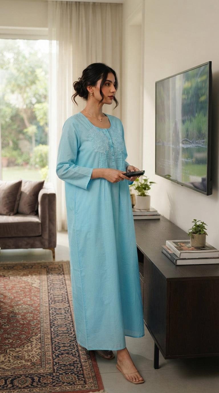 Women's long cotton jalabiya with long sleeves and front embroidery (sky blue color) 26-24-B-6