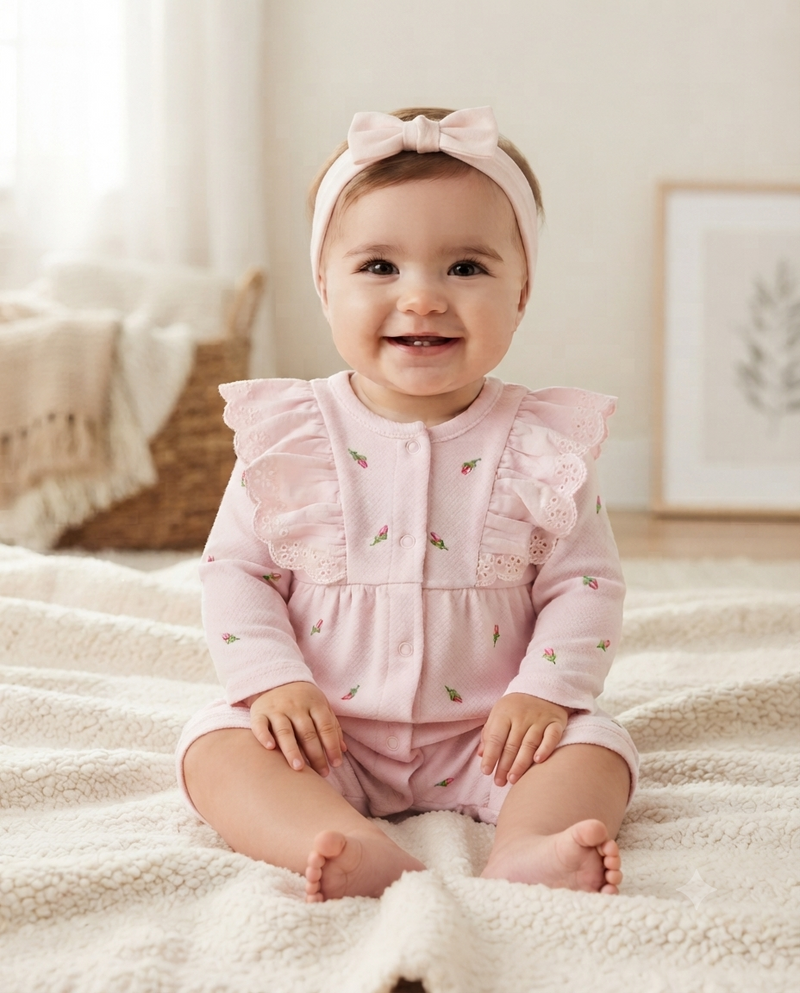 A romper in soft pink, decorated with small floral embroidery and elegant ruffles on the sleeves 17274