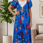 BLUE Floral Satin Ballet Nightgown(MIDI)7536