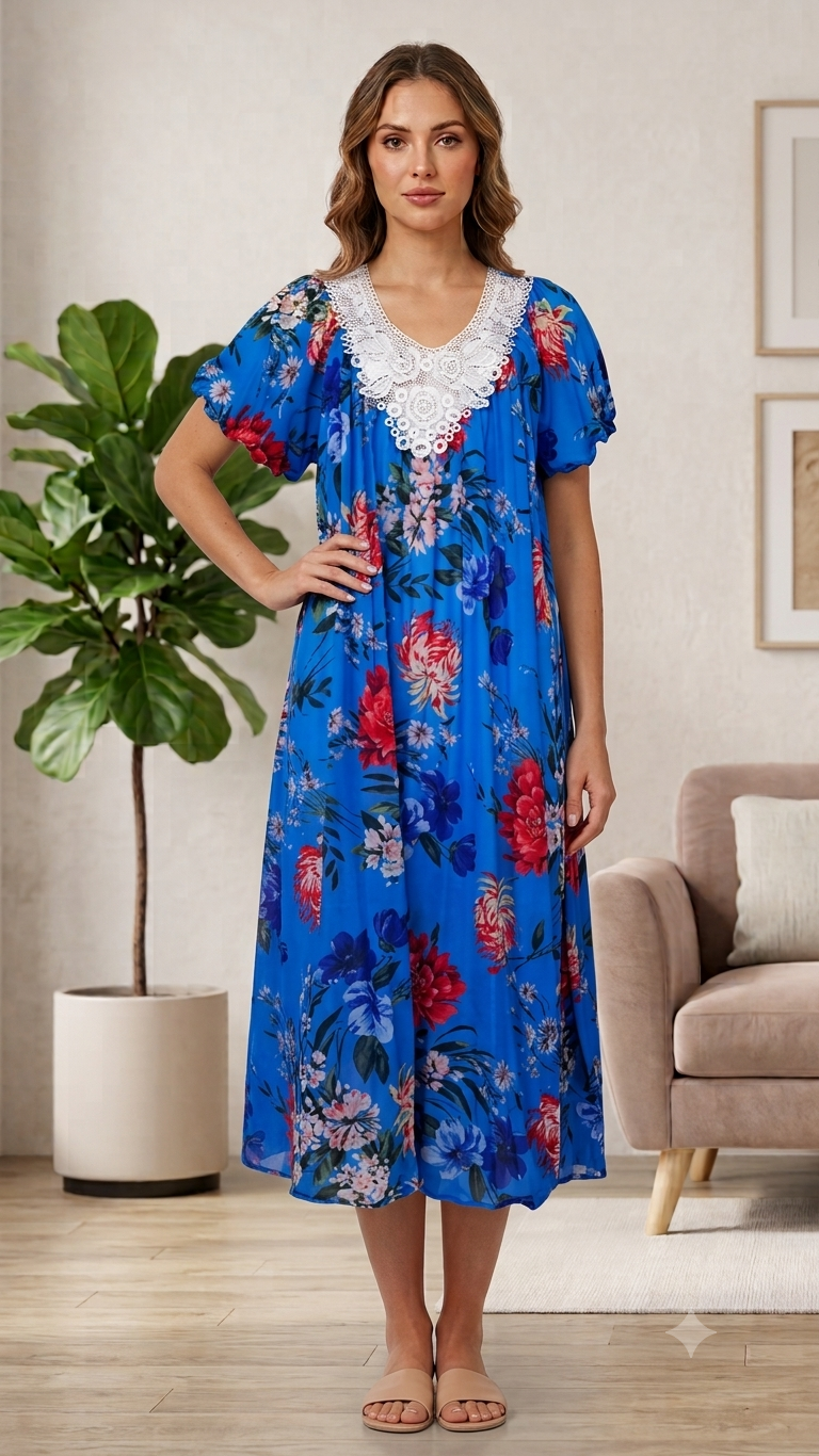 BLUE Floral Satin Ballet Nightgown(MIDI)7536