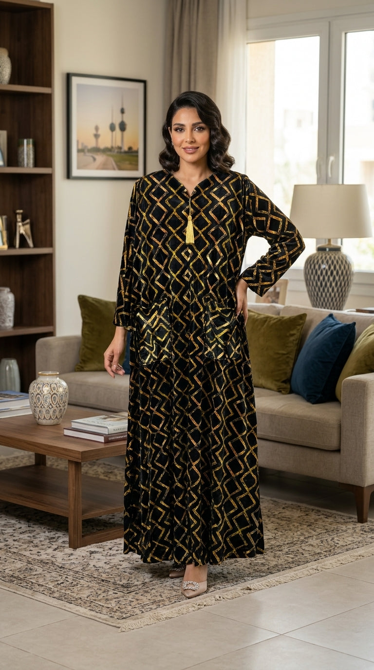 Luxurious velvet jalabiya featuring a gold diamond pattern and practical pockets 4573