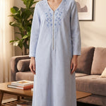 Women's long striped light blue lounge set with an elegant design, front zipper, and embroidery on the chest. 26-20-B-1(26-19-B-1)