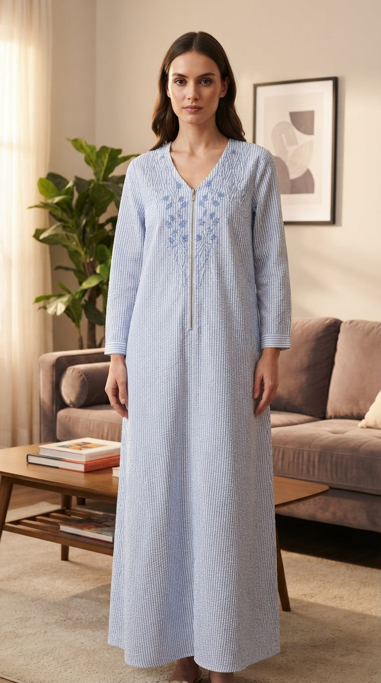 Women's long striped light blue lounge set with an elegant design, front zipper, and embroidery on the chest. 26-20-B-1(26-19-B-1)