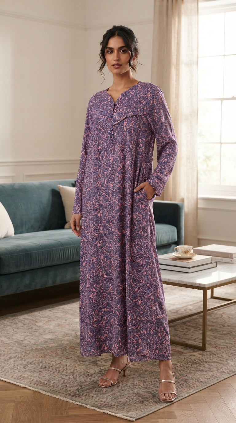 Women's long cotton jalabiya with long sleeves and paisley pattern (purple/pink) 26-23-B-1