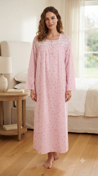 Long-sleeved dress in lightweight pure cotton with lace and front buttons 25-01-B-1