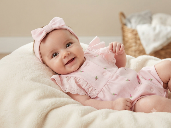 Delicate design: A romper in soft pink, decorated with small floral embroidery and elegant ruffles on the sleeves, with delicate lace details that enhance its beauty. 17274