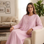Long pink women's dress with embroidered details for home 25-02-B-5
