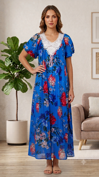BLUE Floral Satin Ballet Nightgown(LONG)9536