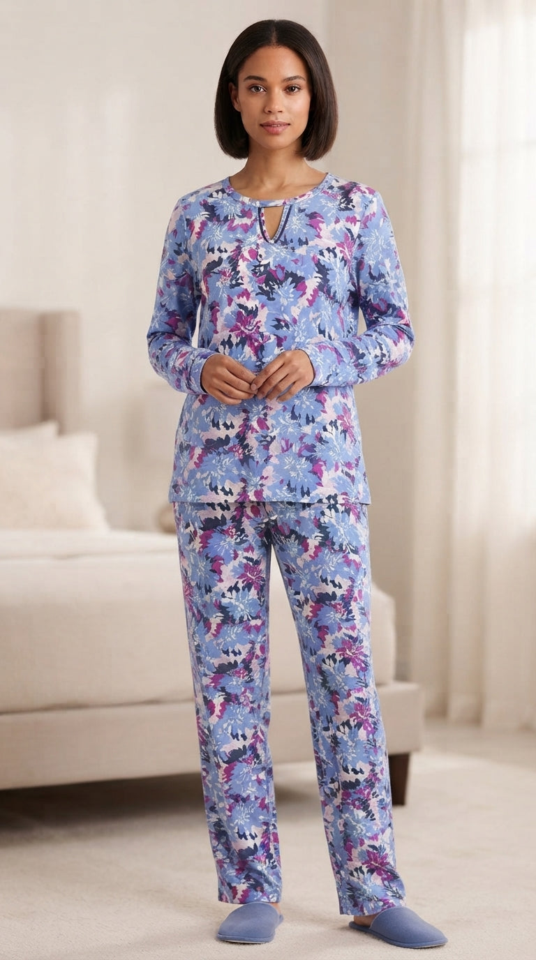 Cozy Cotton Sleepwear Top and Pants in Blue Floral N70028-287-