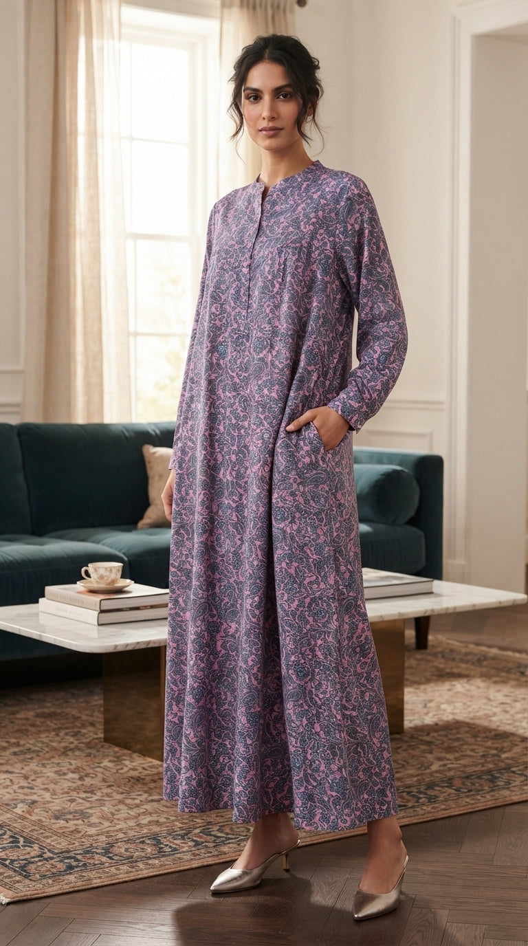 Women's long cotton jalabiya with long sleeves and paisley pattern (purple/blue) 26-23-B-3