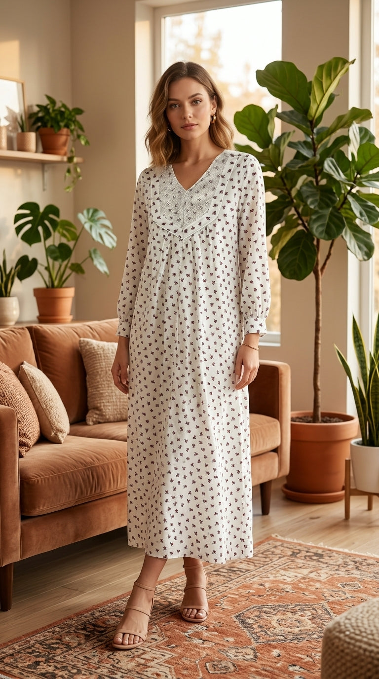 "A long, white women’s dress featuring a delicate pattern and elegant lace detailing on the bodice."
