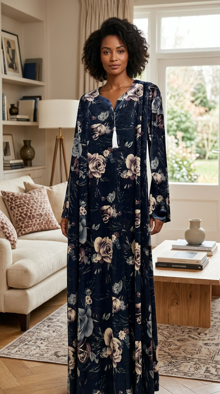 A luxurious velvet *dara'a* (traditional robe) featuring a classic floral print and a white tassel. 4569