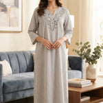 Women's long kaftan in gray and white striped cotton, comfortable and elegant design with a V-neck and delicate embroidery. 26-20-A-4