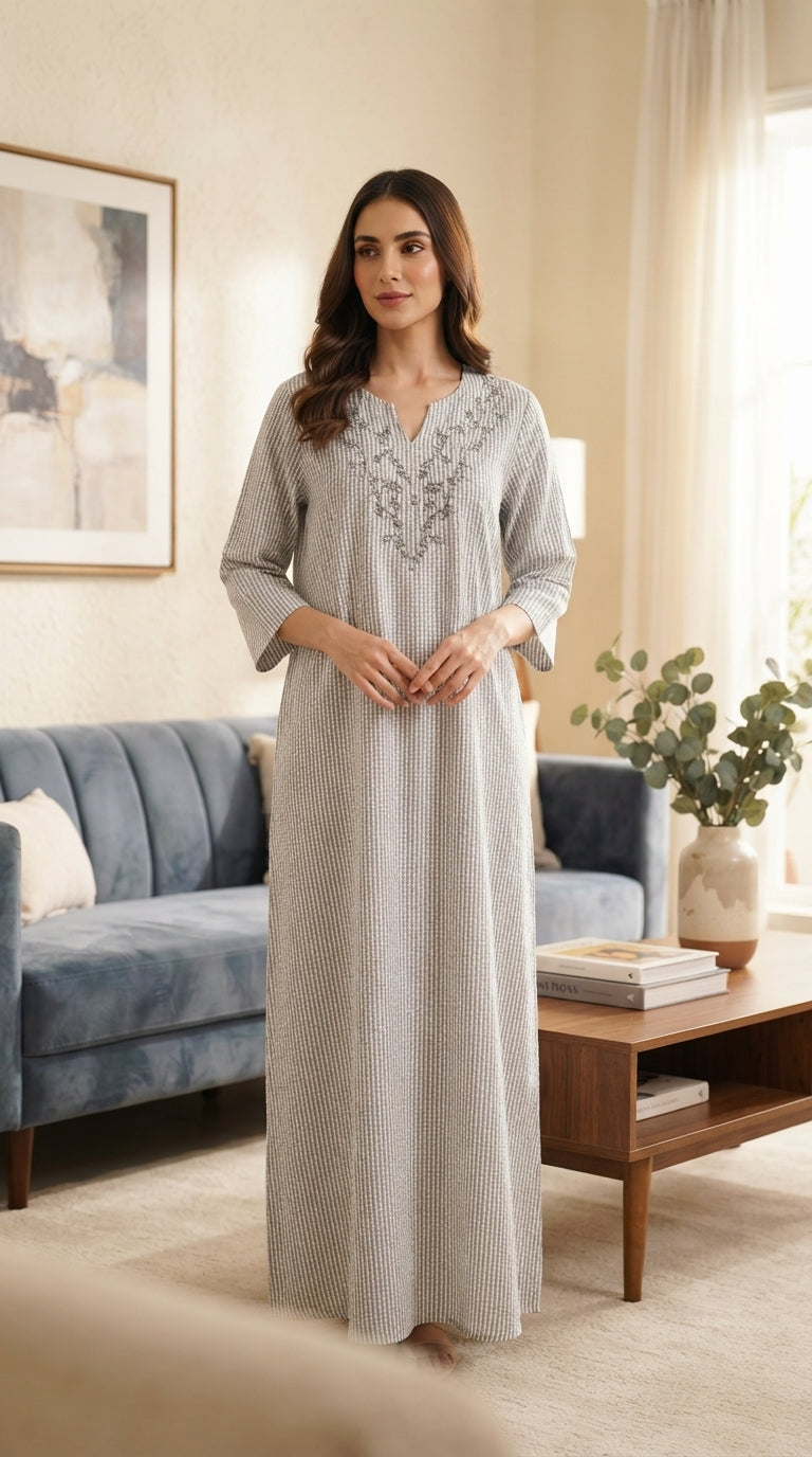 Women's long kaftan in gray and white striped cotton, comfortable and elegant design with a V-neck and delicate embroidery. 26-20-A-4