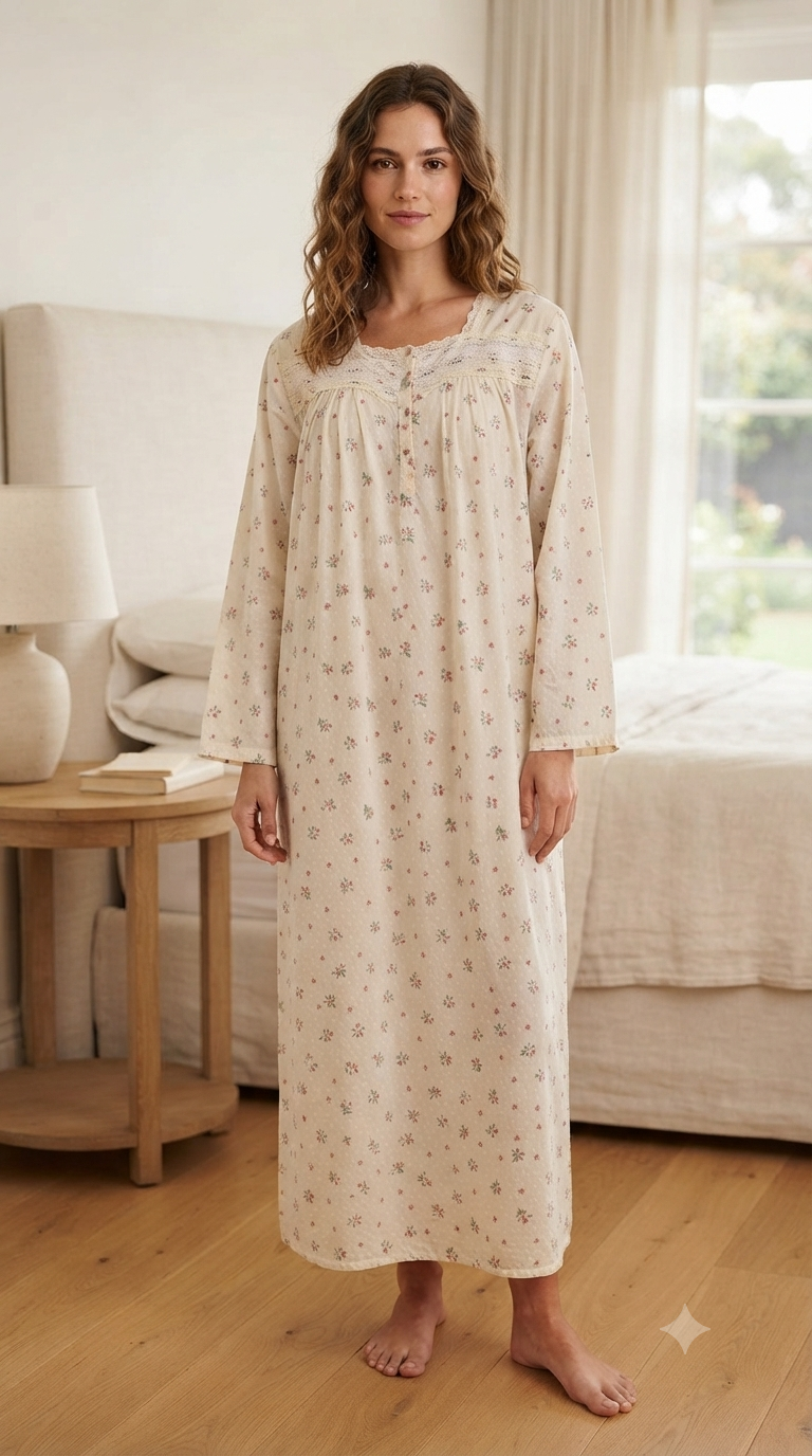 Long-sleeved dress in lightweight pure cotton with lace and front buttons 25-01-B-3