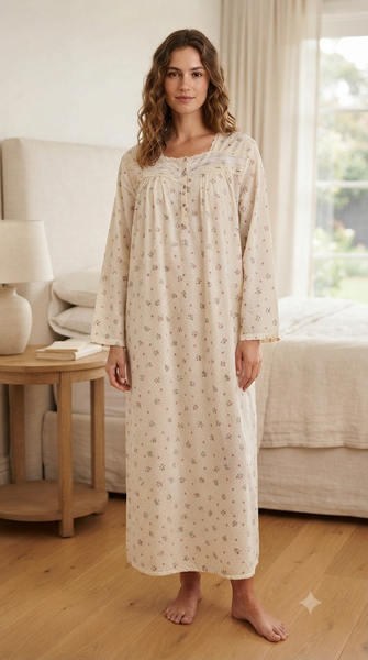 Long-sleeved dress in lightweight pure cotton with lace and front buttons 25-01-B-3