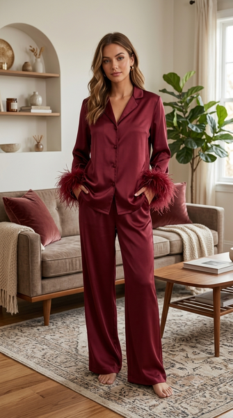 satin pajama set with feather-trimmed sleeves 60180/P