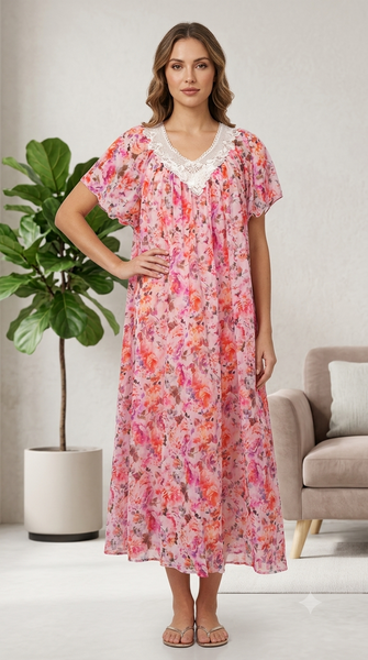 PINK Floral Satin Ballet Nightgown(LONG)9031