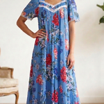 BLUE Floral Satin Ballet Nightgown(MIDI) 7030