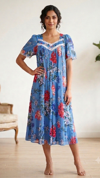 BLUE Floral Satin Ballet Nightgown(MIDI) 7030