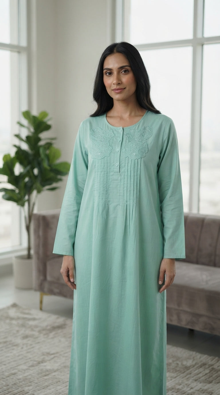 A soft cotton house dress with elegant classic details. 25-02-B-4