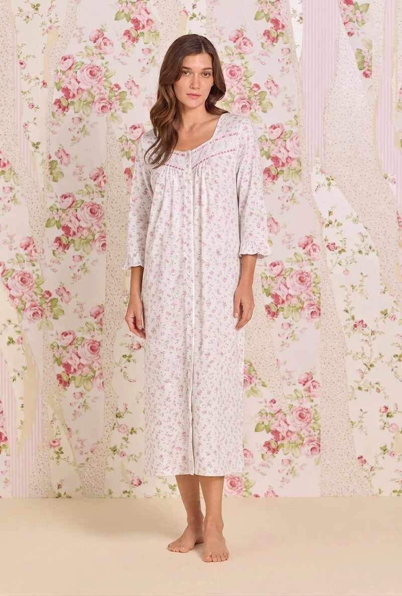 Long cotton nightgown with a floral print and delicate patterns, featuring buttons and lace details. E70123-176