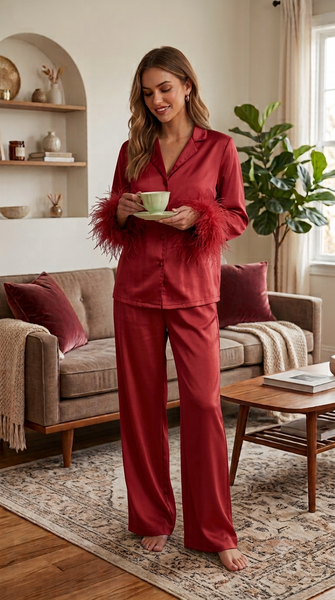 satin pajama set with feather-trimmed sleeves 60180/P
