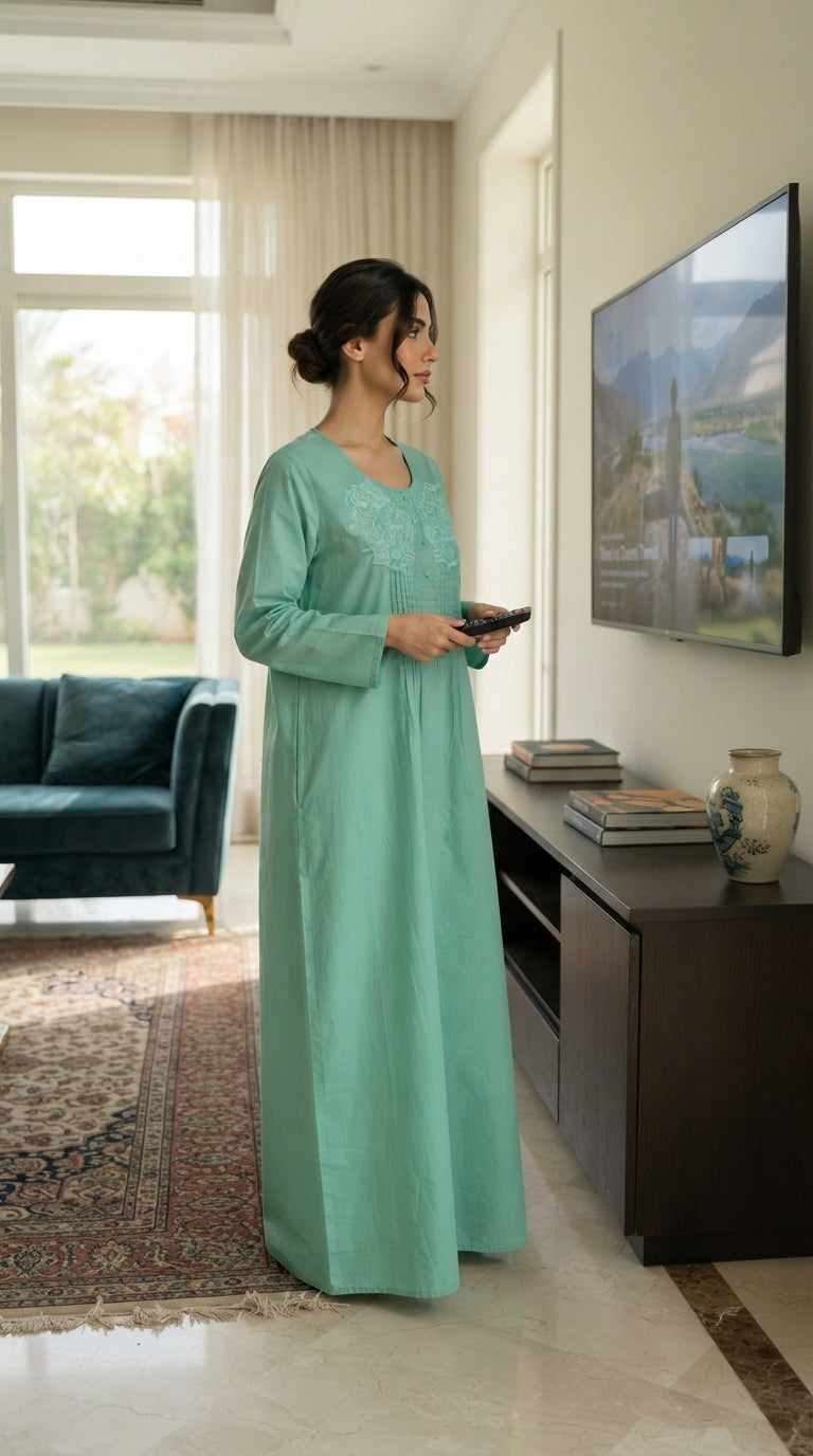 Women's long cotton jalabiya with long sleeves and front embroidery (mint green color) 26-24-B-4