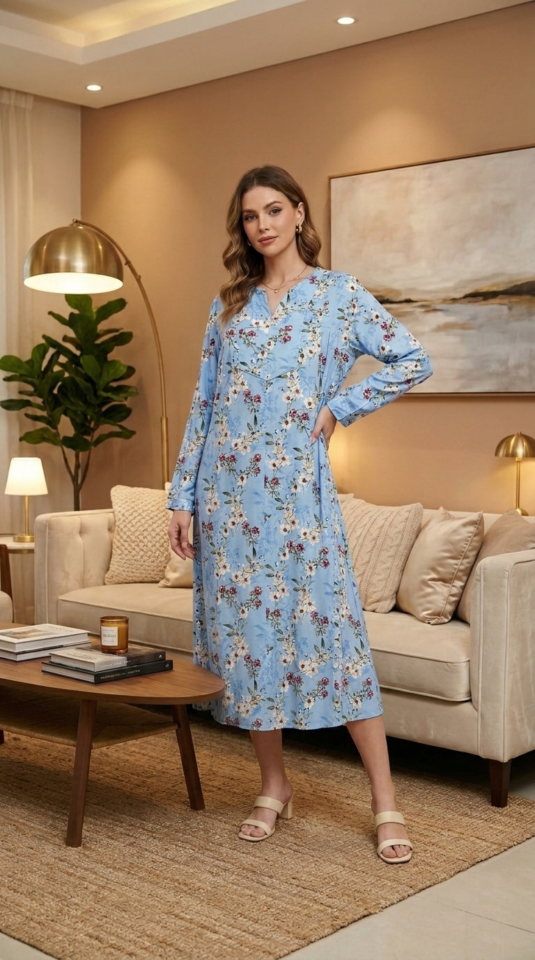"Women’s long blue dress with a light floral print, long sleeves, and a comfortable design" 26-21-B-1