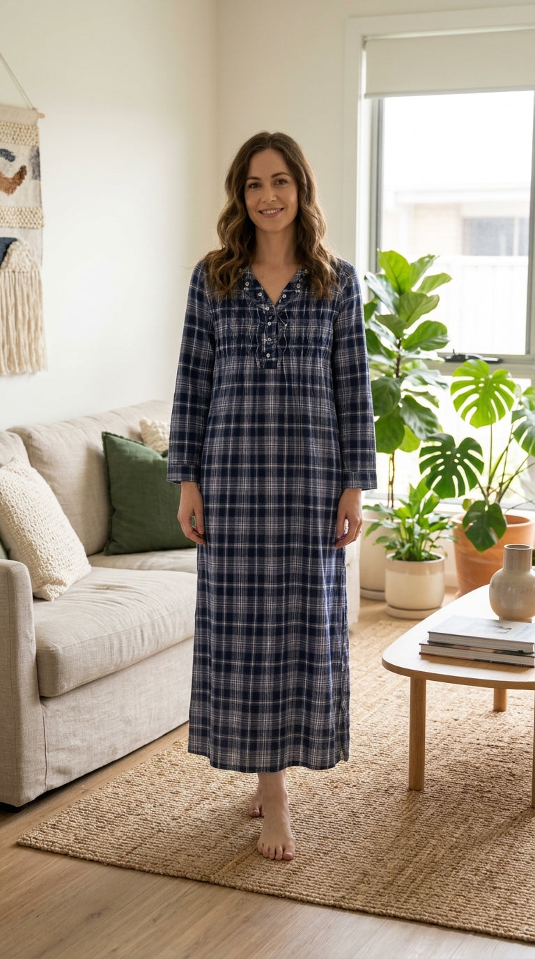 "Classic navy-blue checks... with soft, feminine touches 💙✨"26-30-B-3
