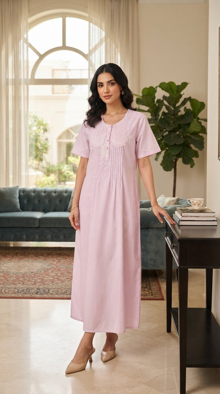 Women's long cotton jalabiya with short sleeves and front embroidery (light pink color) 25-02-A-5