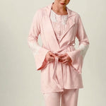 Women's two-piece loungewear set featuring a long robe with wide sleeves in a soft pink hue. 50416