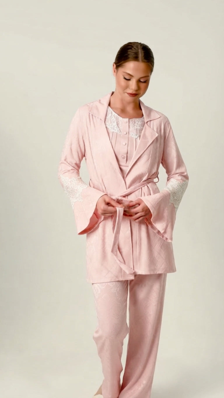 Women's two-piece loungewear set featuring a long robe with wide sleeves in a soft pink hue. 50416