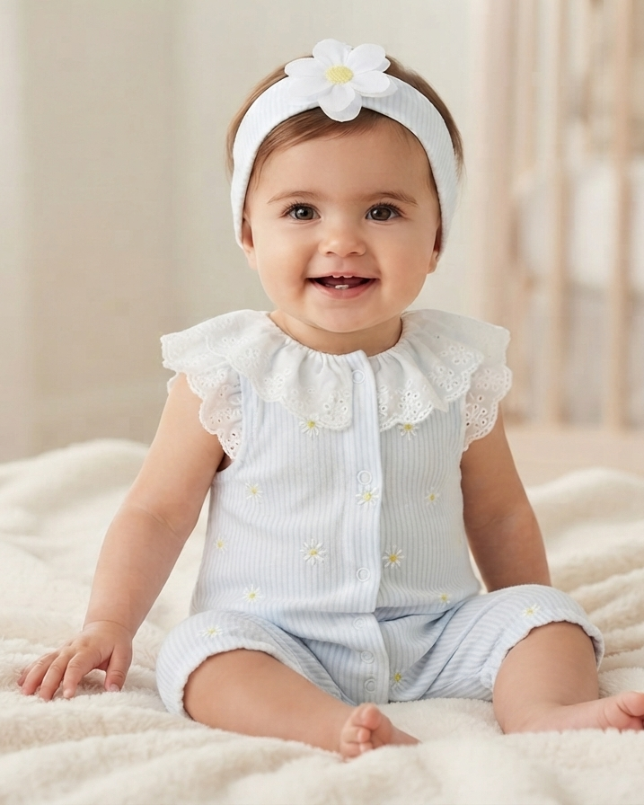 Summer striped baby romper with a daisy design and matching hairband 17275