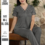 Comfortable two-piece women's summer pajama set (short-sleeved lace-trimmed top and classic-style trousers) 20616