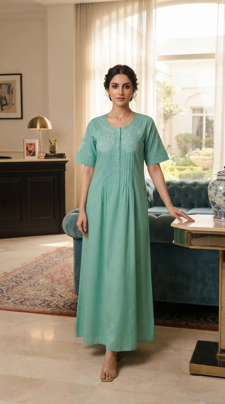 Women's long cotton jalabiya with short sleeves and front embroidery (turquoise color) 25-02-A-4