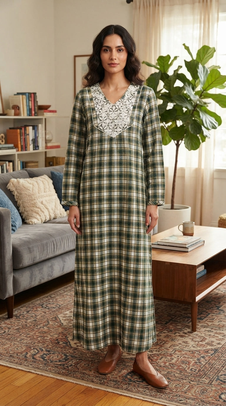 Women's winter plaid jalabiya featuring a distinctive design and elegant lace detailing. 26-26-B-3