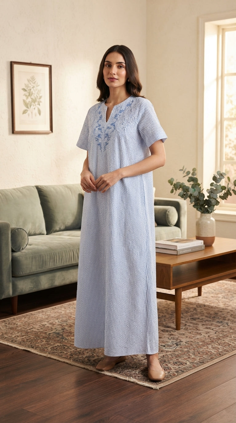 Women's long striped kaftan in light blue with a seriscoir pattern, elegant embroidery on the chest, and a V-neck. 26-20-A-1