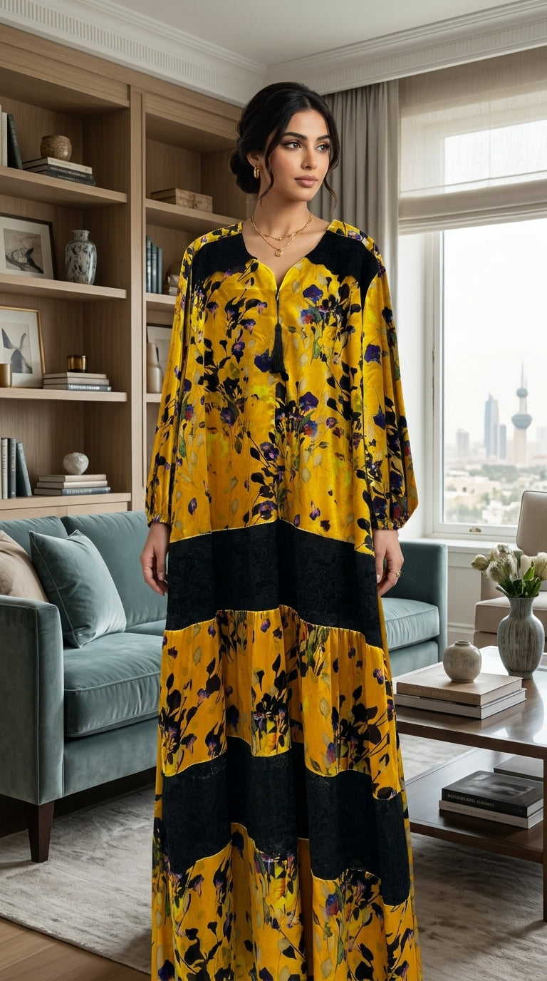 Luxurious velvet jalabiya with a floral print and black lace trim 4574