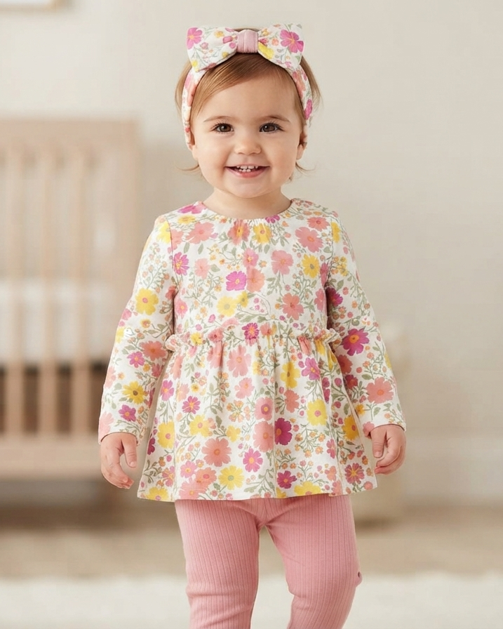 Stylish and comfortable girls' set with floral prints and a hair bow 17005