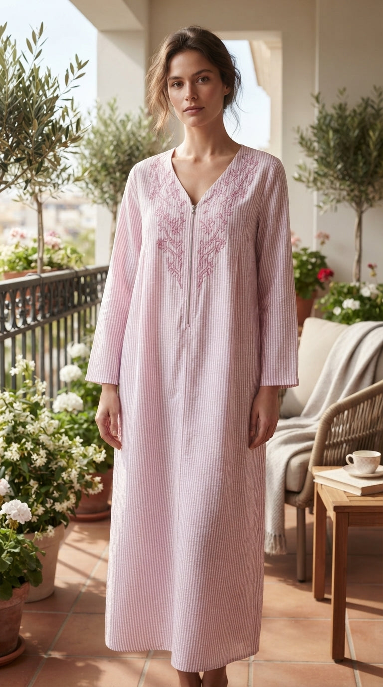 Women's long striped lounge set with an elegant design, long sleeves, and front zipper.26-20-B-3(26-19-B-3)