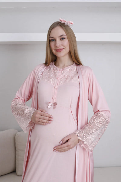 Maternity Nightgown Dressing Gown Set Lace Detailed Buttoned Nursing Maternity Set 2-Piece - 2296