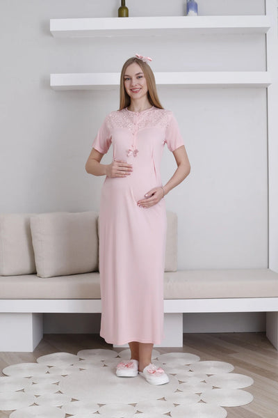 Maternity Nightgown Dressing Gown Set Lace Detailed Buttoned Nursing Maternity Set 2-Piece - 2296