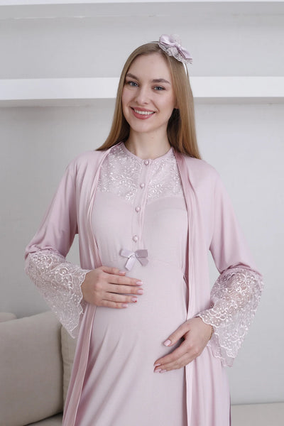Maternity Nightgown Dressing Gown Set Lace Detailed Buttoned Nursing Maternity Set 2-Piece - 2296