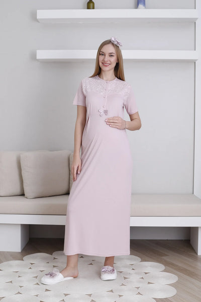 Maternity Nightgown Dressing Gown Set Lace Detailed Buttoned Nursing Maternity Set 2-Piece - 2296