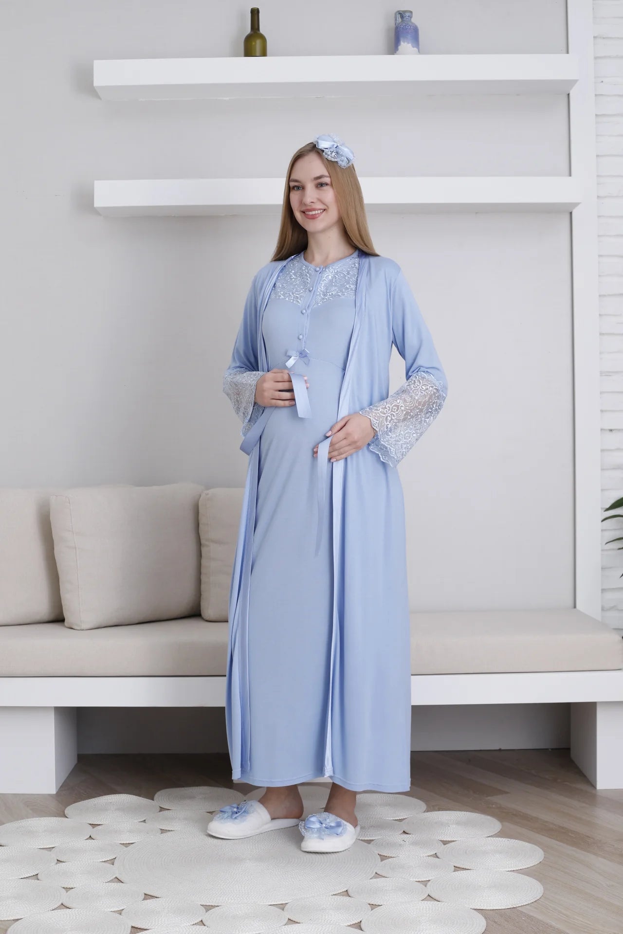 Maternity Nightgown Dressing Gown Set Lace Detailed Buttoned Nursing Maternity Set 2-Piece - 2296