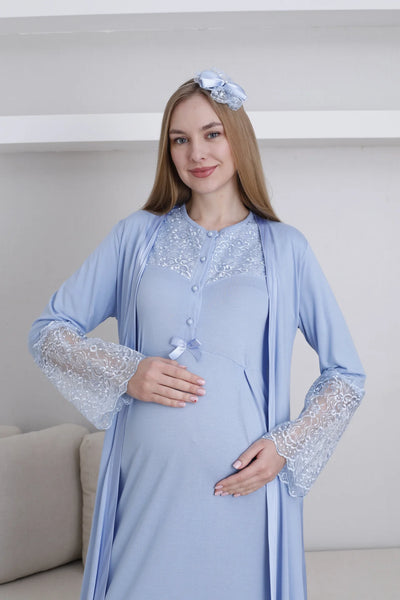 Maternity Nightgown Dressing Gown Set Lace Detailed Buttoned Nursing Maternity Set 2-Piece - 2296
